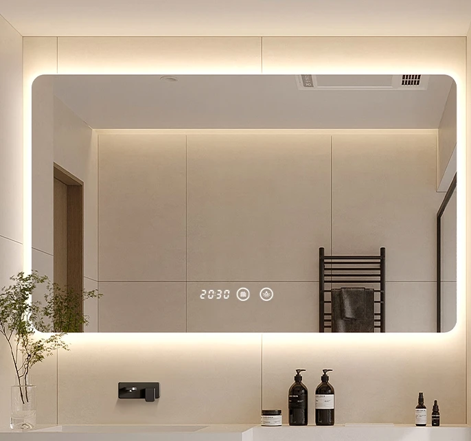 hotel toilet touch screen mirror large anti fog shower smart led anti fog  mirror for bathroom with bluetooth music speaker