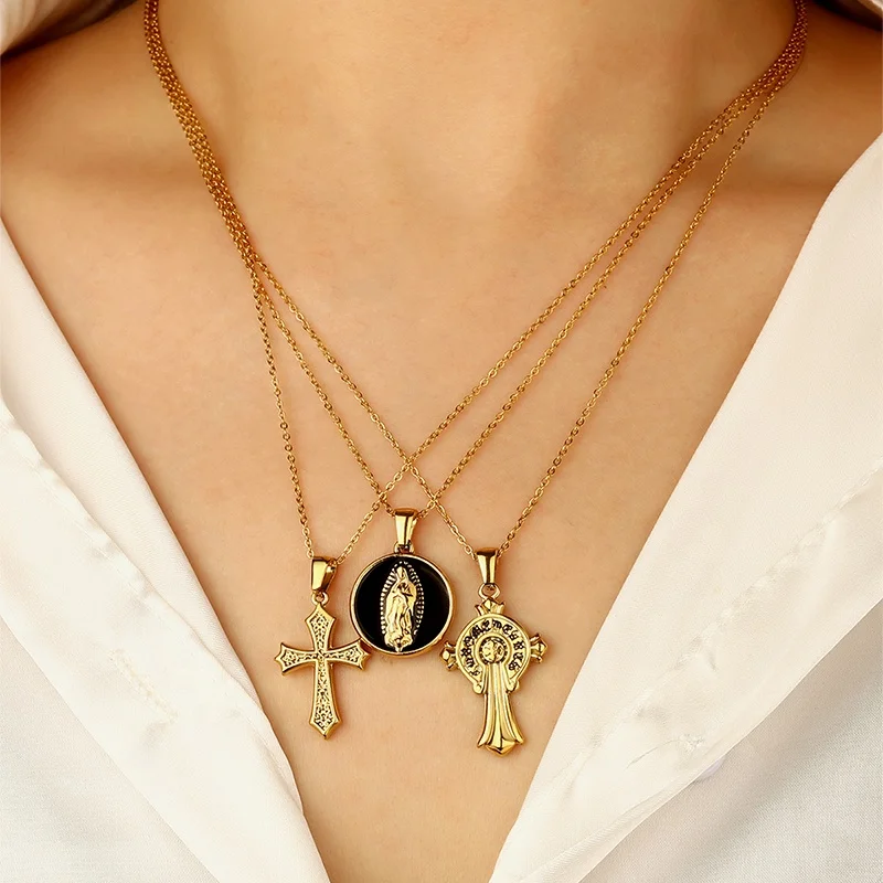 Personalized retro jewelry 18K gold non fading enamel color Virgin Mary prayer cross angel pendant necklace