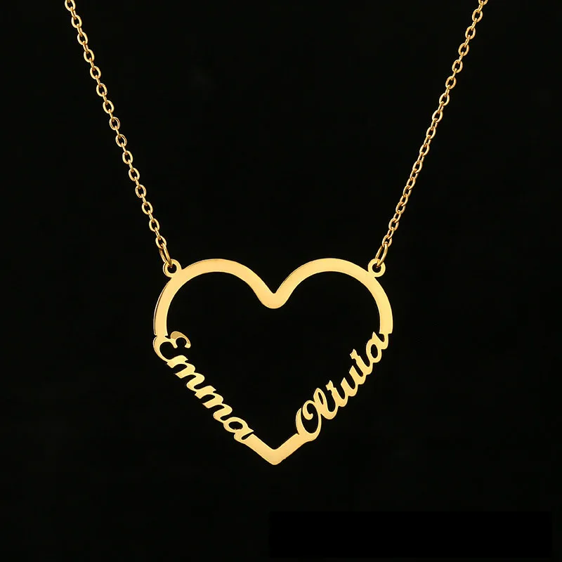 Custom Stainless Steel two name Necklaces with heat  Multiple Nameplate Gold Plated Chain Women Jewelry Necklaces