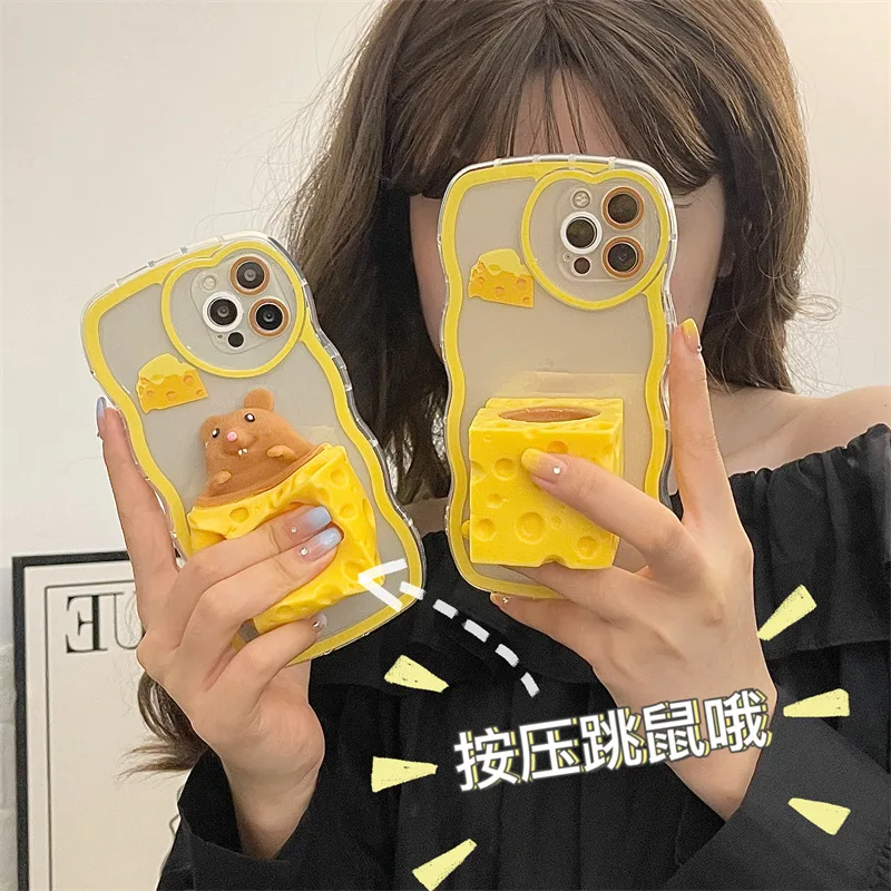 3D Cheese Mouse Toys Bracket Stand Phone Case For iPhone 13 12 11Pro Max XR XS Max Soft Silicone Cute Covers