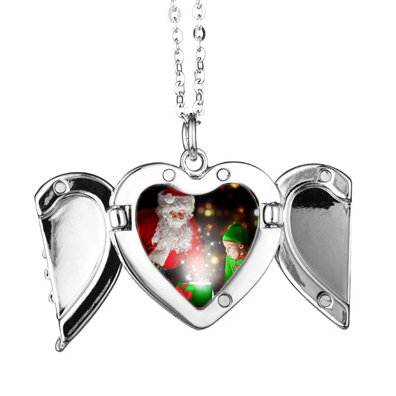 Hot Sale Memorial Heart Blank Sublimation Photo Locket Angel Wing Necklace