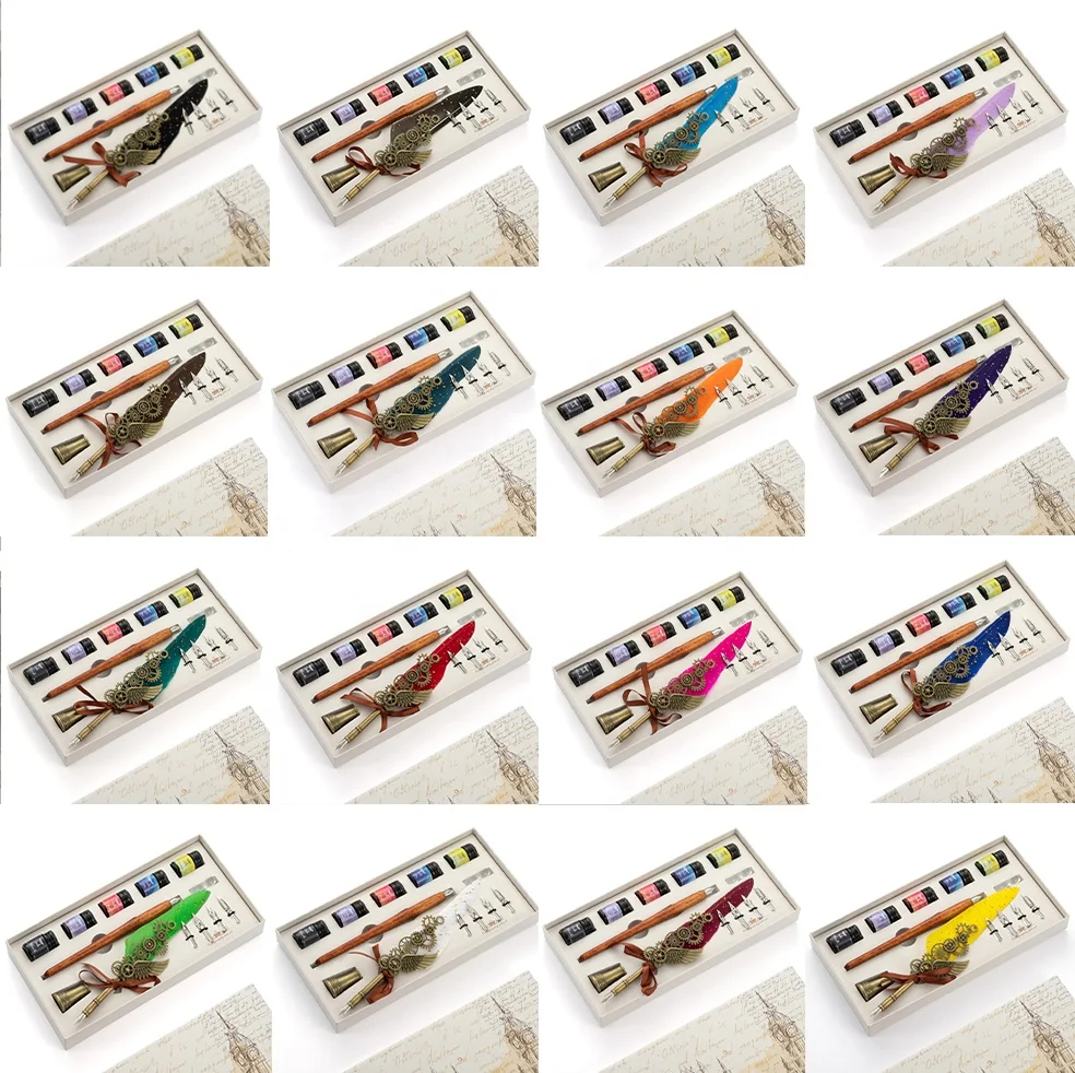 Antique Refillable Feather Quill Pen Calligraphy Writing Dip Pen Ink Set With Wax Stamp Sealing Wax