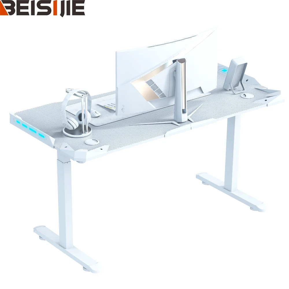 Beisijie White Durable PC Gamer Used RGB Height Adjustable Lift Desk Gaming Table Computer Desk Electric Desk