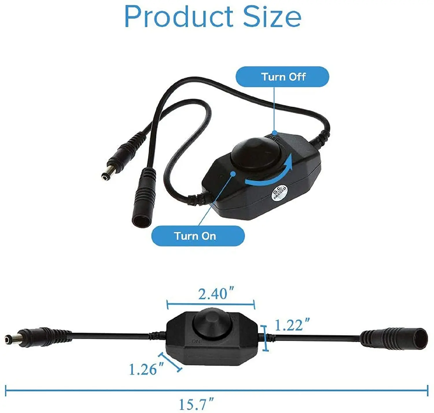 eSann 6A Plug in DC Cord 12V Black Inline Neon Led Light Dimmer Knob Switch for Led Lights