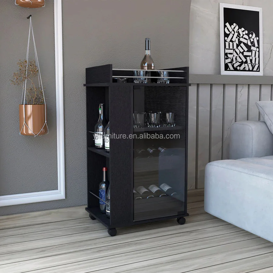 High Quality   Kitchen Pantry Bar Cart with Casters, Glass Door, 2 Inner Shelves, and 2 Side Shelves