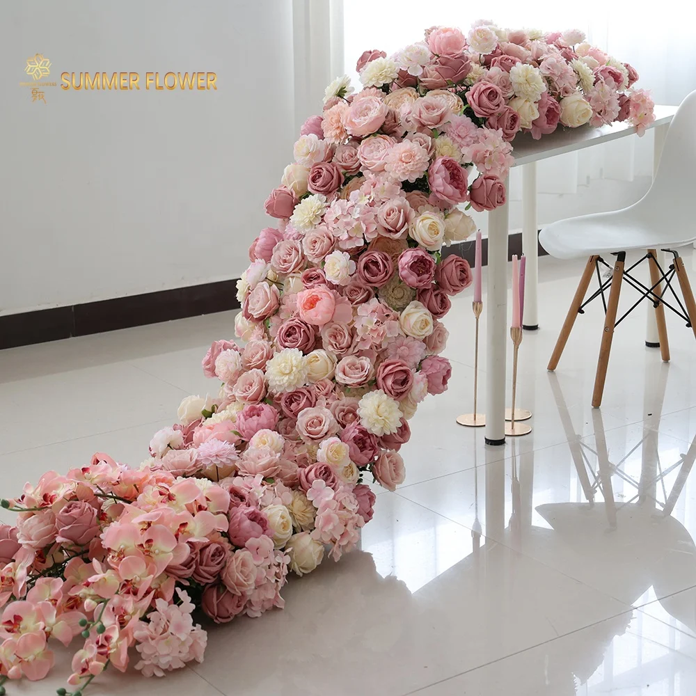 TF35-002 Best selling artificial silk rose and orchids Flower runner wedding table