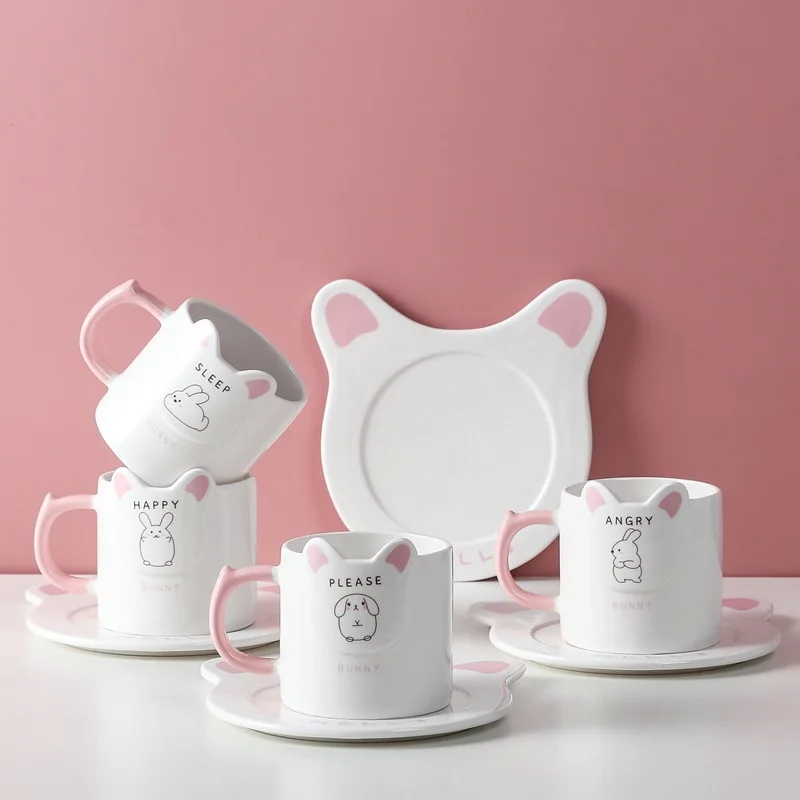Hot Sale Cute Pink Cartoon Rabbit Pattern Ceramic Coffee Mug With Plate
