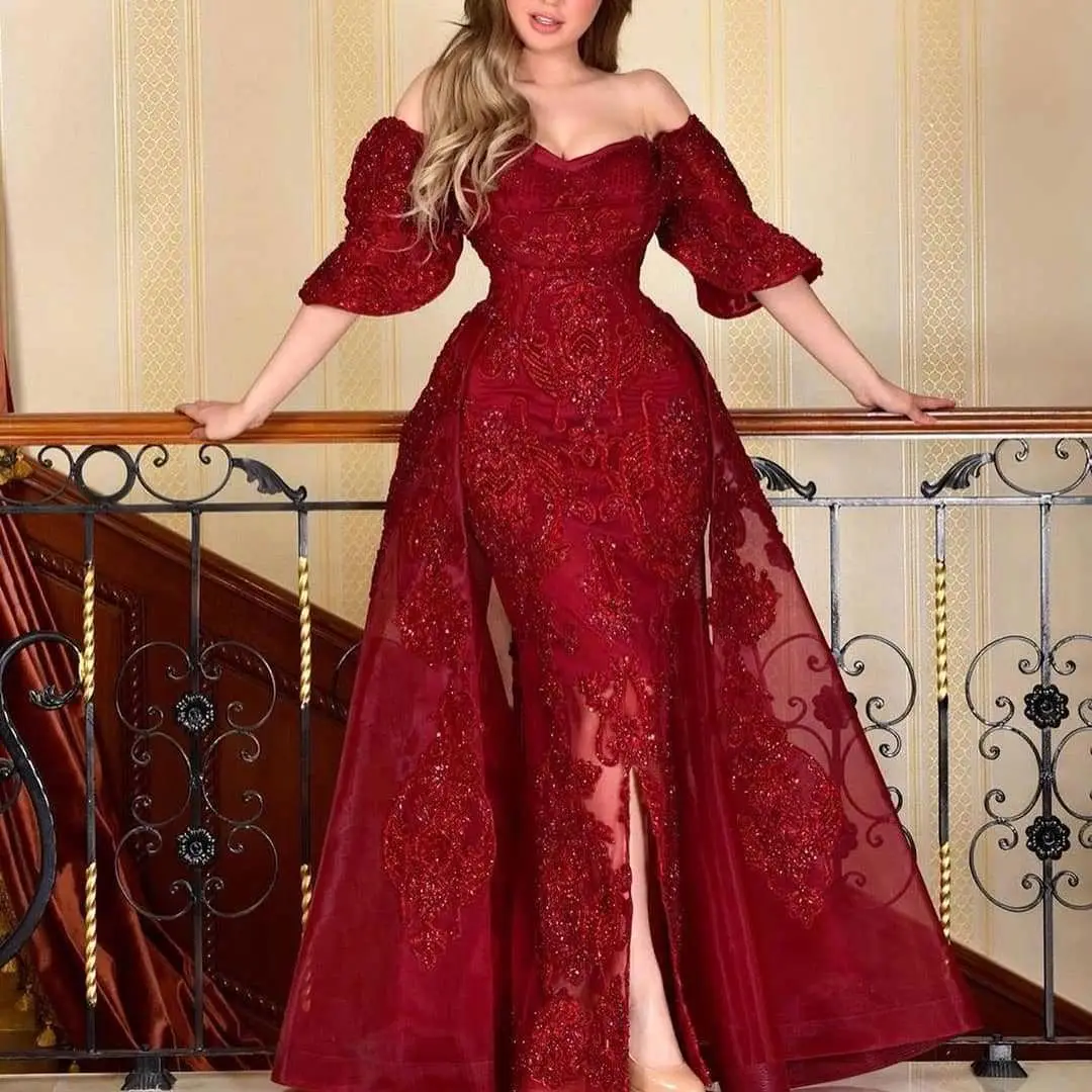 Wine Red Prom Long Sleeve Evening Dress Open Back Ladies Formal Dresses For Women Luxurious