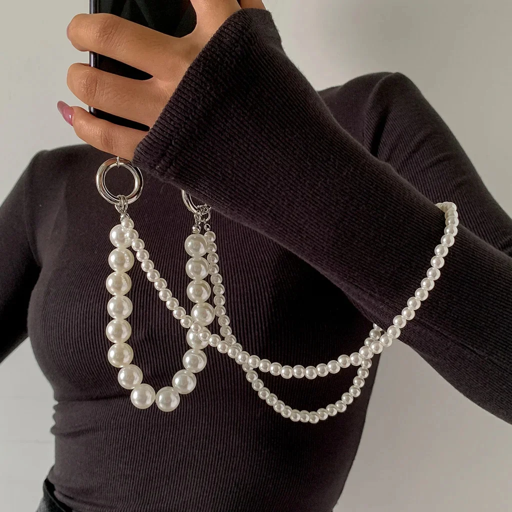 Unique Phone Case Shoulder Strap Lanyard For Phone Anti Drop Retractable CrossBody Round Beaded Pearls Cell Phone Chain Strap
