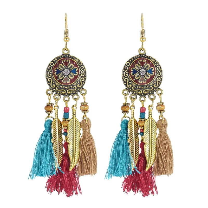 Bohemian Vintage Long Feather Resin Beaded Dangling Earrings Handmade Tassel Earrings Party Jewelry