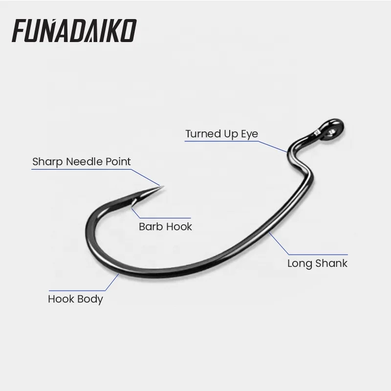 FUNADAIKO High Carbon Steel Extra Strength Freshwater Saltwater Fishing Hooks Offset Shank Worm Jig Fish Hook