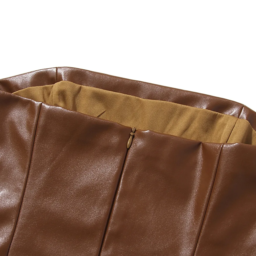 High Quality Strapless Stretch PU Bodycon Dress Sexy Midi Back Slit Black Chocolate Solid Elegant Outfit Party Leather Dress