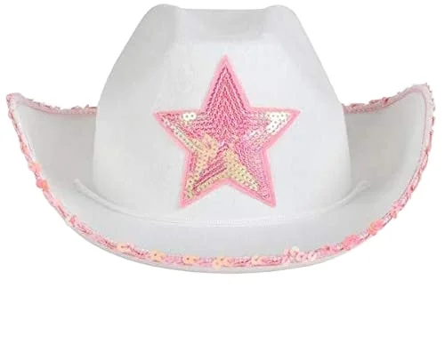 Adult Novelty  White Felt Cowgirl Hat with Pink sequin Star Cowboy Hat for Costume Party (1600533762202)