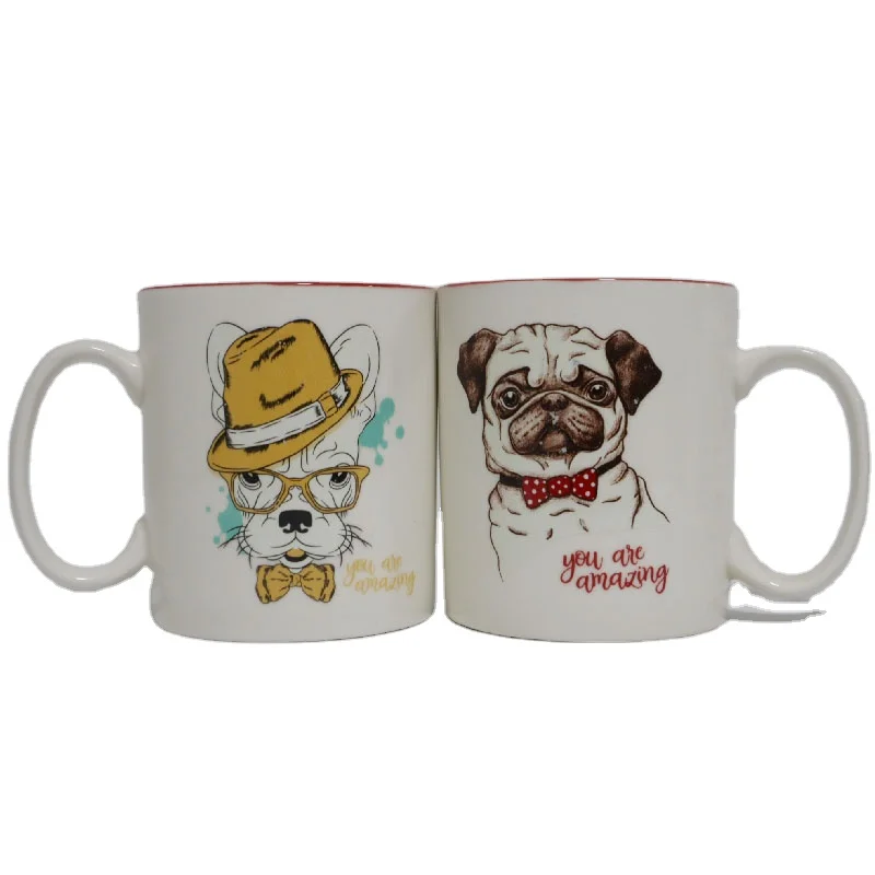 
Eco-friendly Large Straight Shape Stoneware Ceramic Water Cup Wholesale White And Red Glazed Ceramic Mug With Animal Logos 