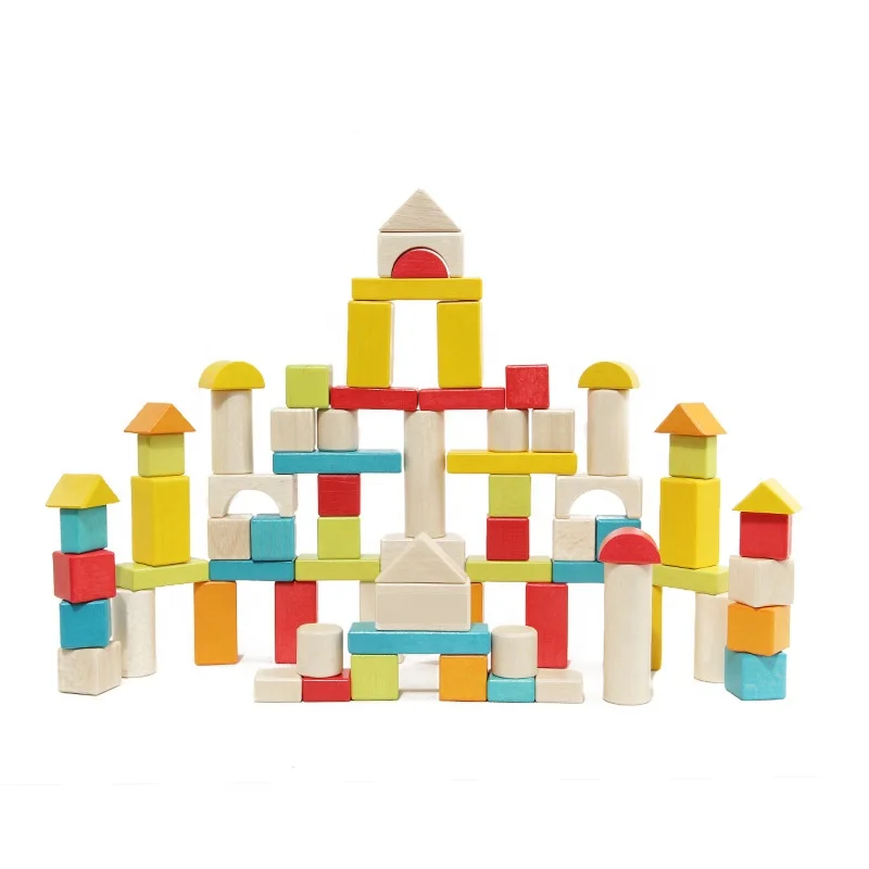 Wholesale Fancy Colours Wooden Building Blocks Toy Cheap Kids Wooden Building Blocks Toys Building Block Set Educational