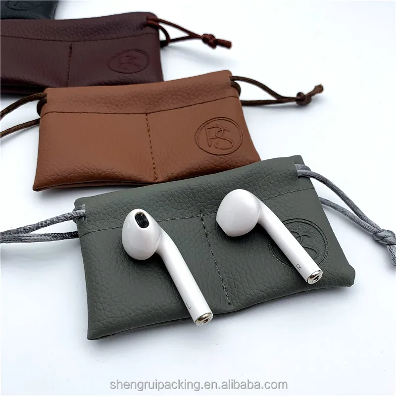 New Design Emboss Logo Small Drawstring Pu Leather Pouch With Divider Line for Earphones