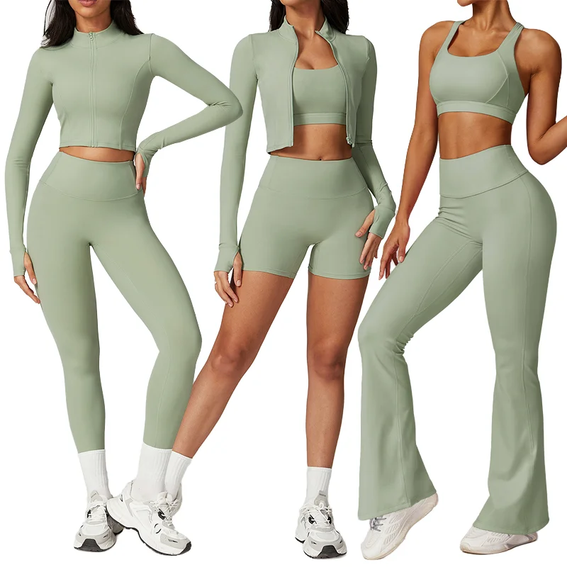 Womens Gym Sets Long Sleeve Yoga Top Fitness Wear Sports Bra Hight Waist Gym Leggings Activewear 5 Pieces Workout Clothing Women