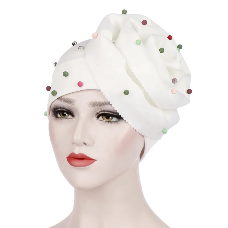 New Muslim Solid Color Beaded Baotou Hat Space Cotton Candy Color Beaded Flower Hat Headscarf Cap