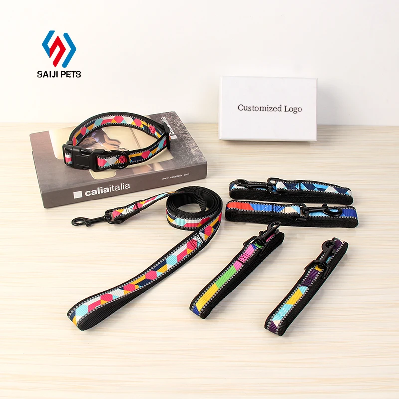 Saiji custom private label with packing box adjustable outdoor walking plain nylon pet dog collar leash