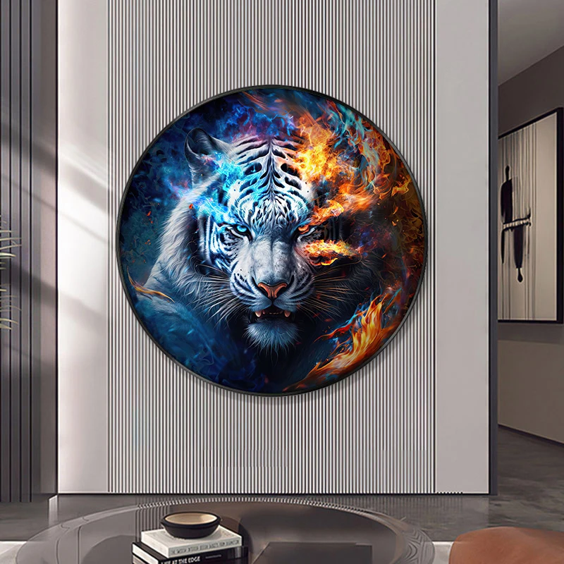 Huamiao Hot Sell Yin And Yang Tiger Wall Art Large Wall Decor Round Animal Picture Painting Luxury Crystal Porcelain Painting