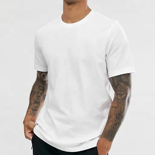 Custom Men Longline Hip Hop T-shirt Men Curved Hem Blank Bamboo Cotton T Shirt in White fitness men clothing