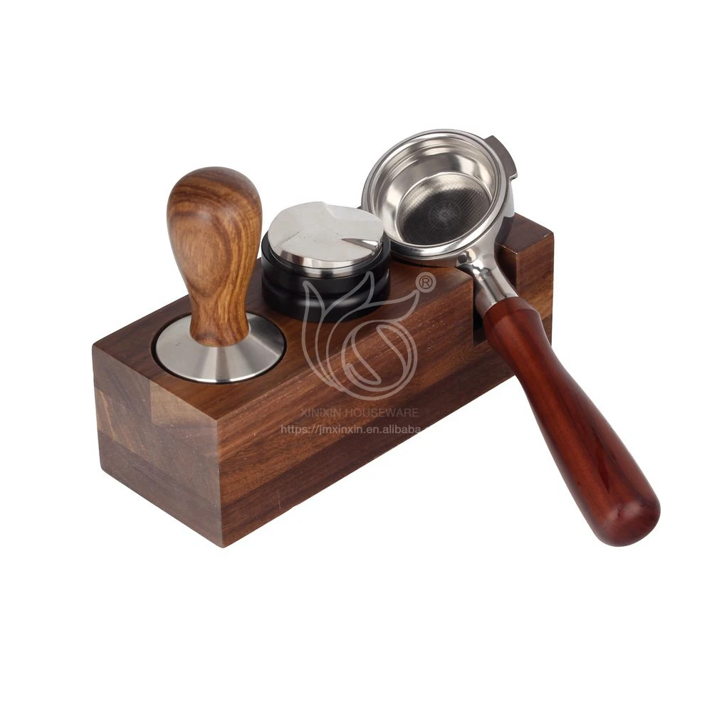 Eco-Friendly Traditional Style Wooden Espresso Tamper Stand Coffee Tamping Station with Mat