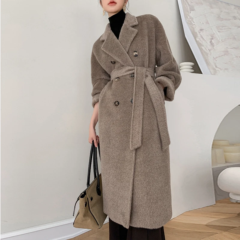 high quality Peru double-breasted Alpaca hair winter thickening keep warm plush Europe and America popular long Cashmere coat