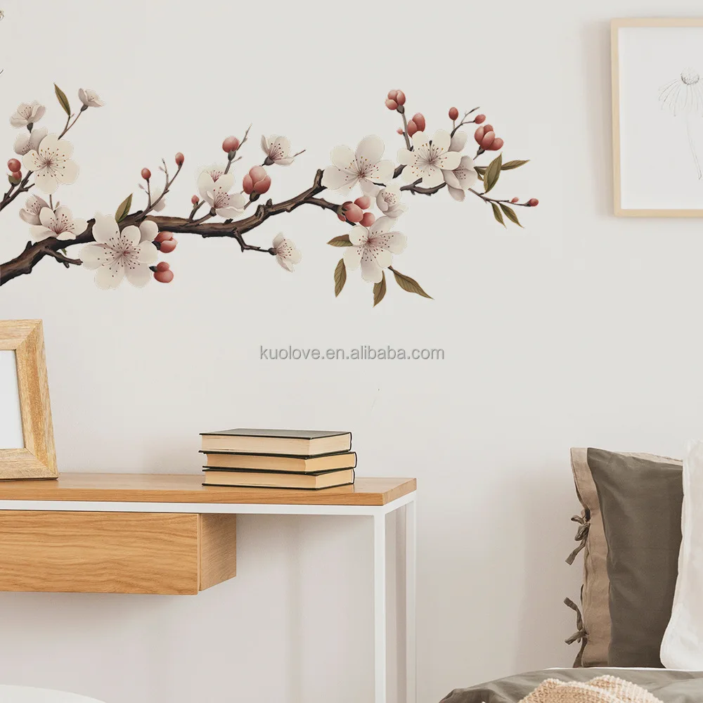 Chinese design hand painting branch flower wall sticker Bedroom living room decorative wall stickers self-adhesive pvc wallpaper