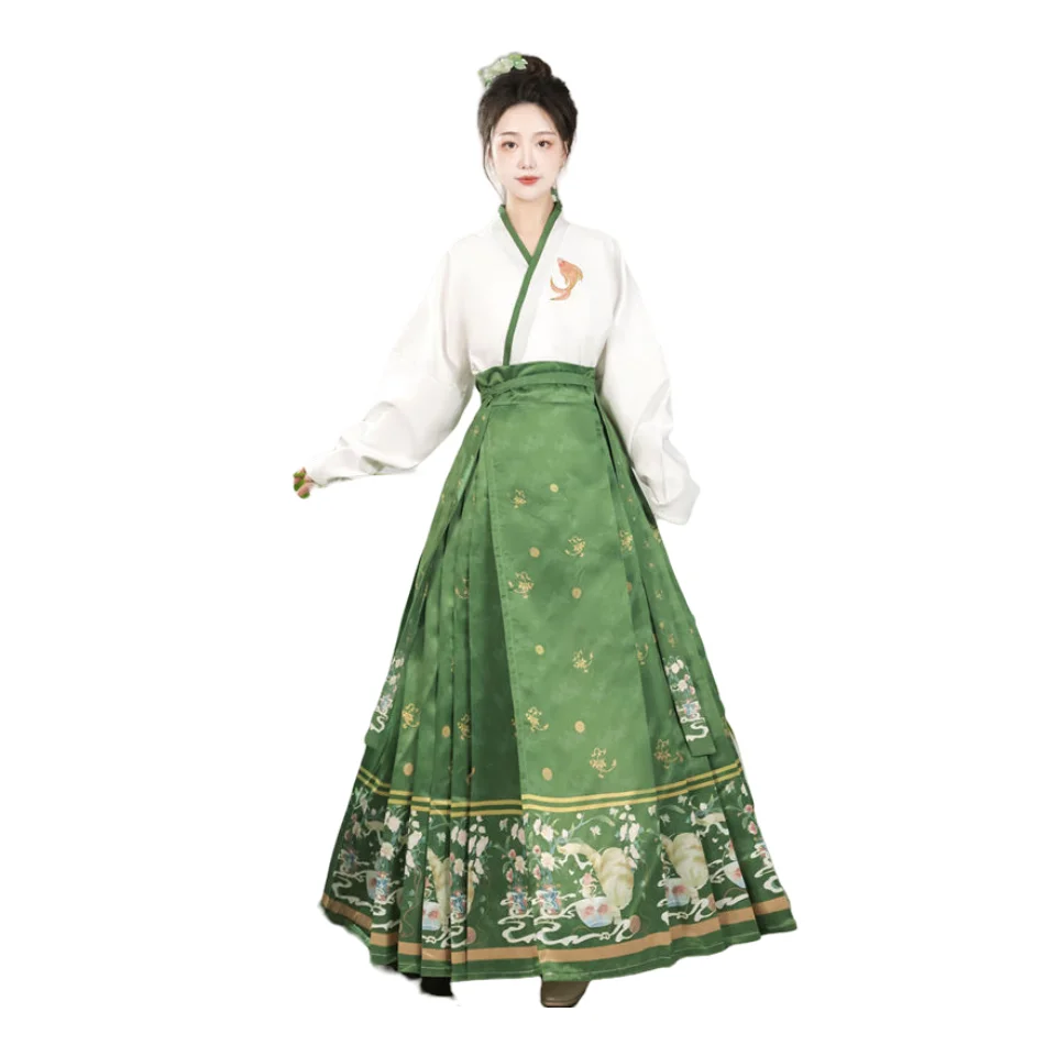 Traditional Chinese Clothing Ten Colors Available Adult Women Koi Embroidery Daily Wear Aircraft Sleeves Top Horse Face Skirt