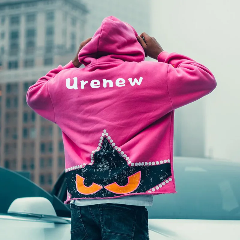 Custom rhinestone logo sweatshirts hoodies no string cut and sew oversized pullover french terry cotton cut edgs raw hem hoodie