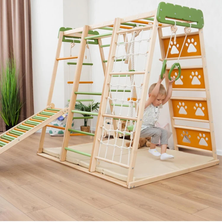 Indoor Wooden Slide and Swing set Wooden Indoor Climbing Frame Kids Playground Equipment wooden Climbing wall toys