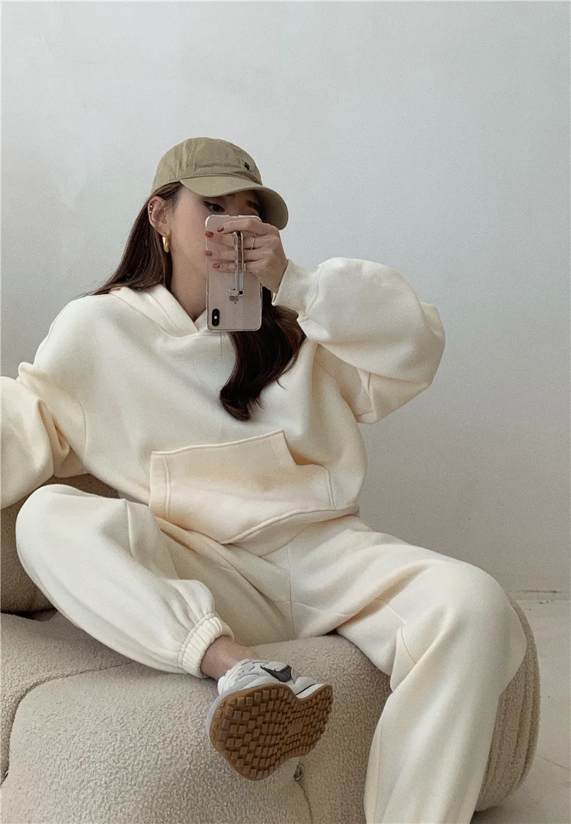 2021 на осень-зиму с большими карманами; Брюки для девочек на заказ 2 шт. Топ больших размеров Свободная Толстовка пуловер с капюшоном для женщин