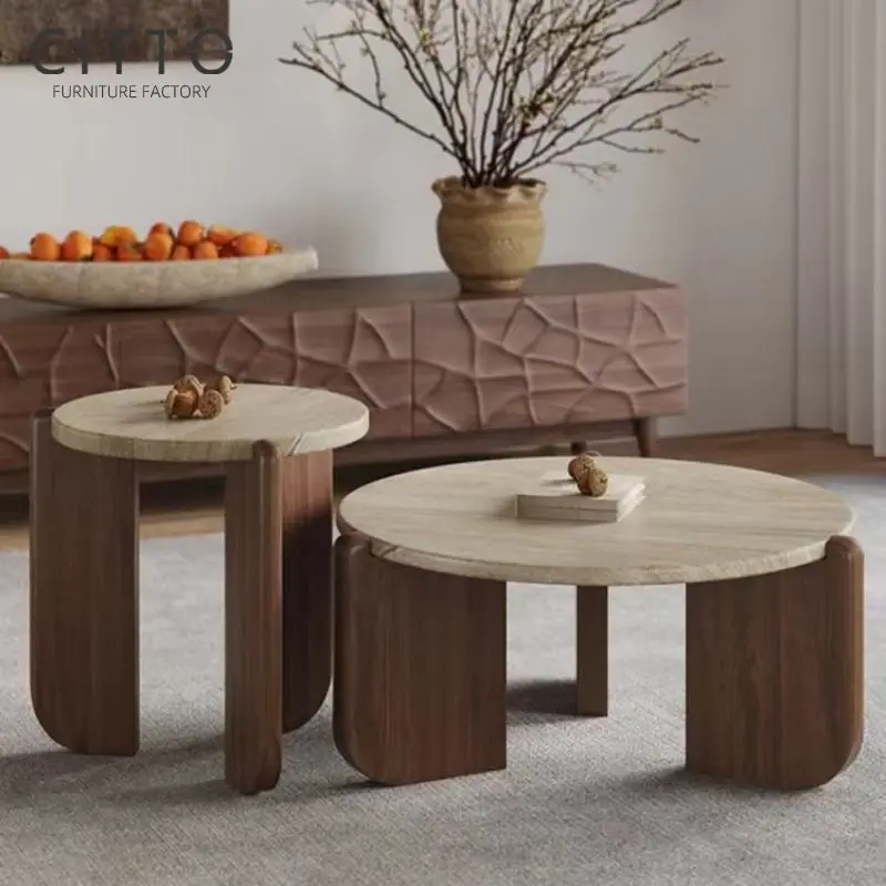 Contemporary Round Nesting Coffee Table Black Gold Metal Side Glass Marble mdf Wooden 3 pieces Tea Coffee Table Set Center Table