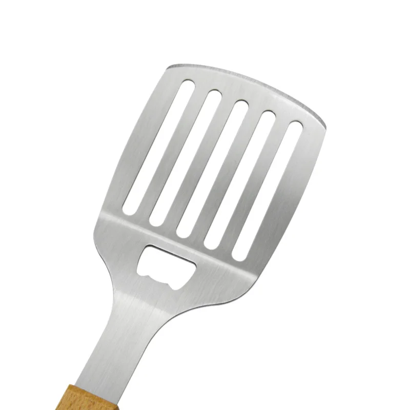 Customized Available Wood Handle Stainless Steel BBQ Spatula With Beer Bottle Opener Grill Spatula Kitchen Turner