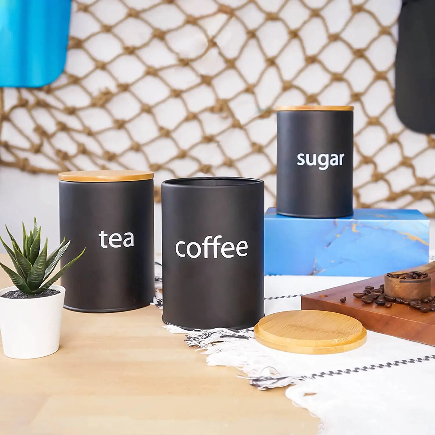 Set of 3 Metal Kitchen Canisters Sets Lids Coffee Sugar Tea Container with Airtight Metal Food Kitchen Accessories Europe White