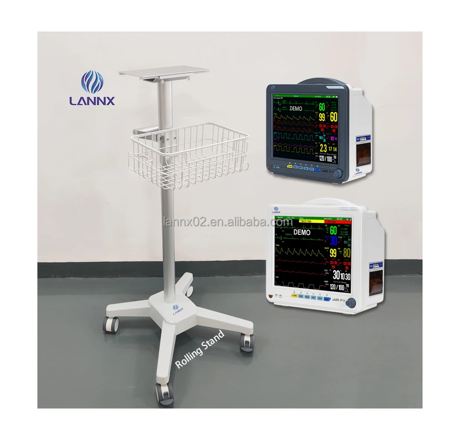 LANNX Mobile Height Adjustable Hospital Medical Vital signs Monitor Trolley with Basket Patient Monitor Rolling Stand
