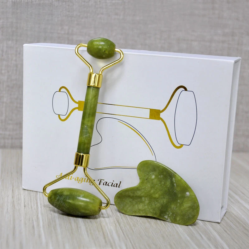 Anti Aging natural nephrite facial green jade face roller and gua sha massager set