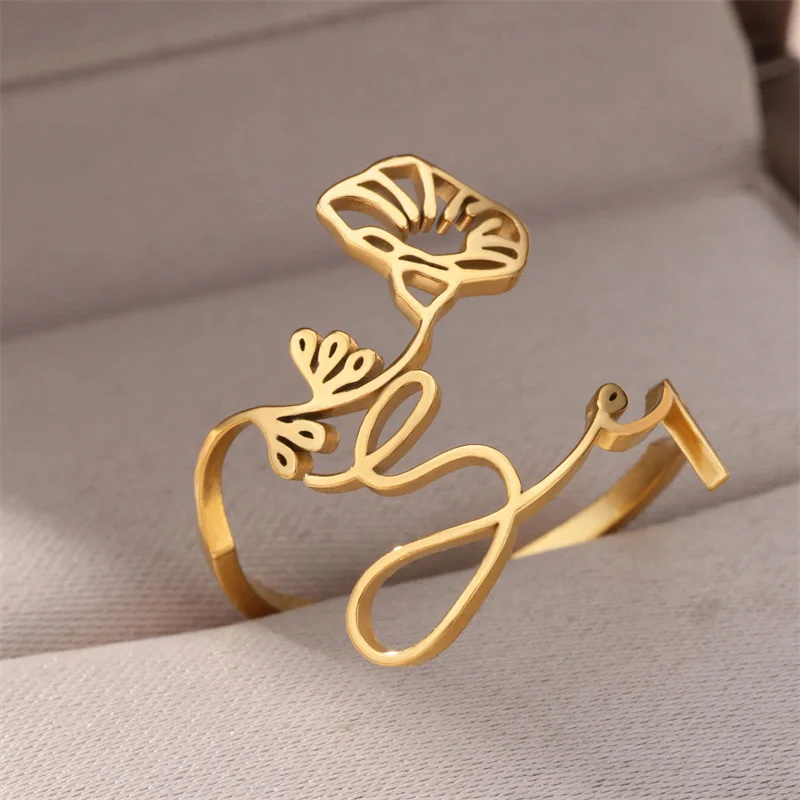New Arrival Stainless Steel Engraved Month Initial Letter Ring Delicate Adjustable Hollow 12 Months Flower Birth Ring