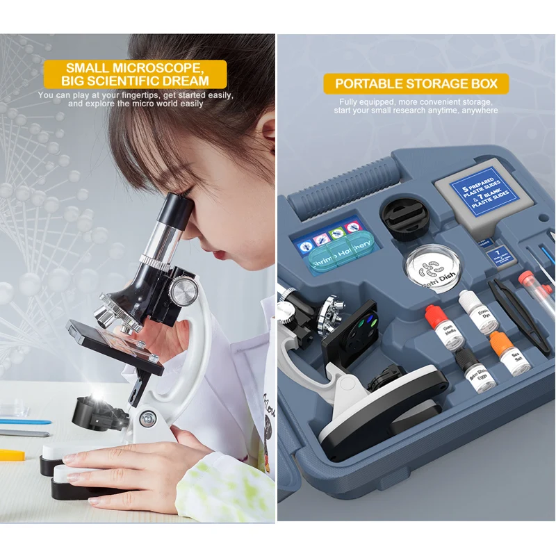 100X-1200X 28-Pieces Student Beginner Microscope Stem Kit Metal Body Toy Microscope With Slides, LED Light And Carrying Box