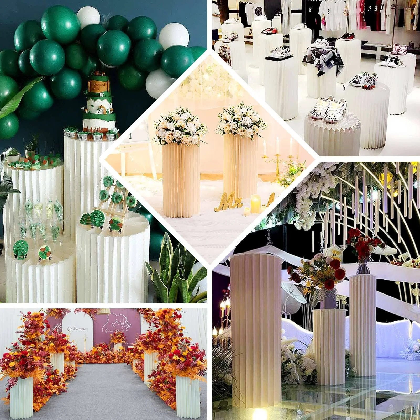 Modern DIY Cylinder Cardboard Flower Stand Display With Mirror Top Folding Events Column Stand Party Decor