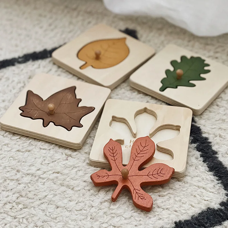 Nordic Style Painting Puzzles 4in1 Wood Set Leaf Jigsaw Drawing Board Games montessori puzzle wooden