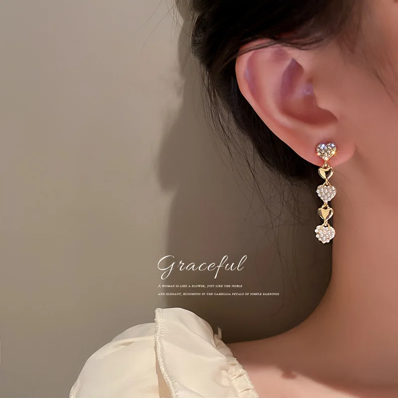 Jewelry  925 silver needle asymmetric pearl inlaid diamond Love Earrings long tassel sweet Japan and South Korea 2021 new women