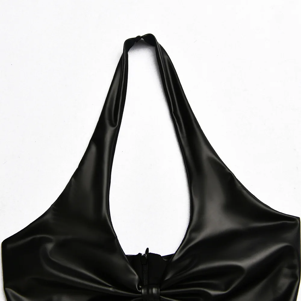 Wholesale autumn new PU leather dress street photo hot girls tight sexy back hanging neck dresses women lady elegant