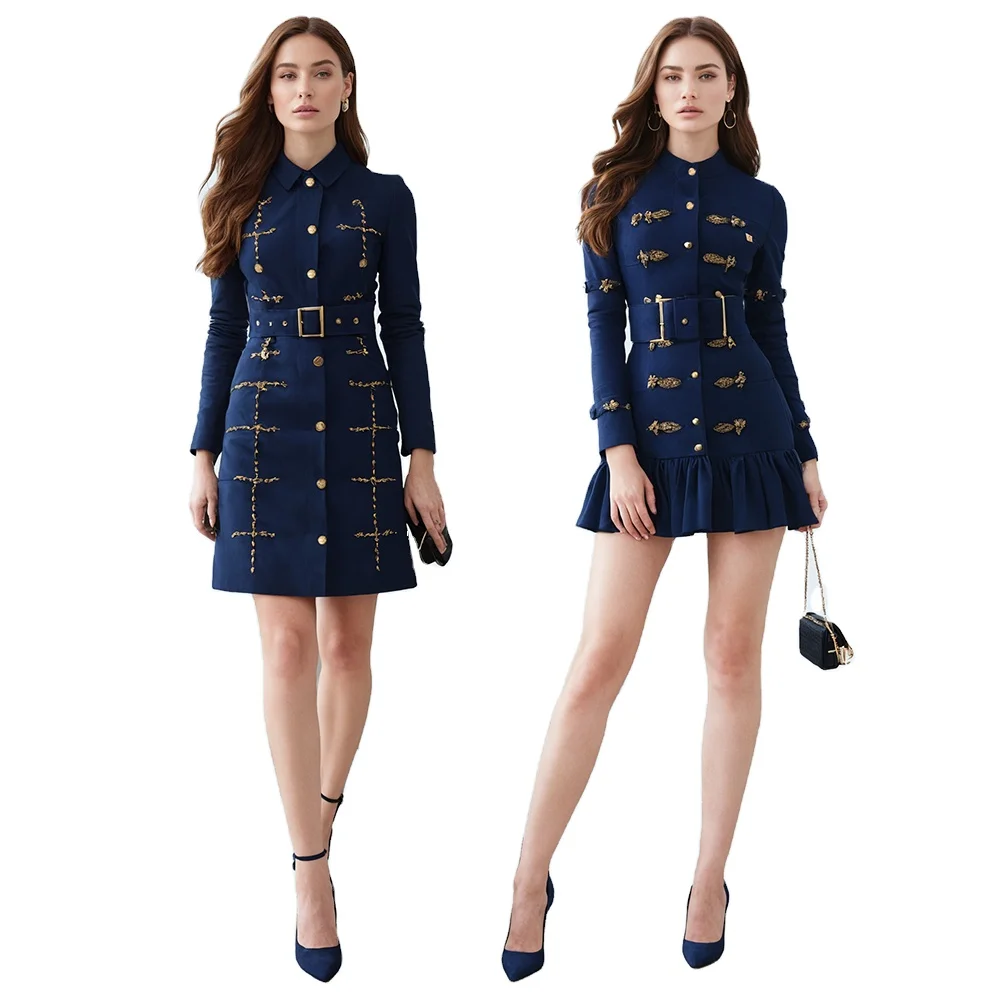 Navy blue Fashion Top Long Sleeve String Empire Waist Fashion long bodycon Jacket