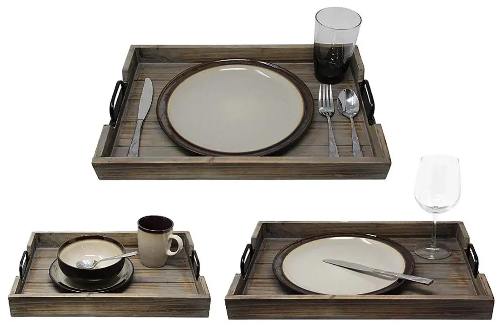 3 piece Decorative Nested Vintage Wood Serving Tray Set For Coffee Table or Ottoman