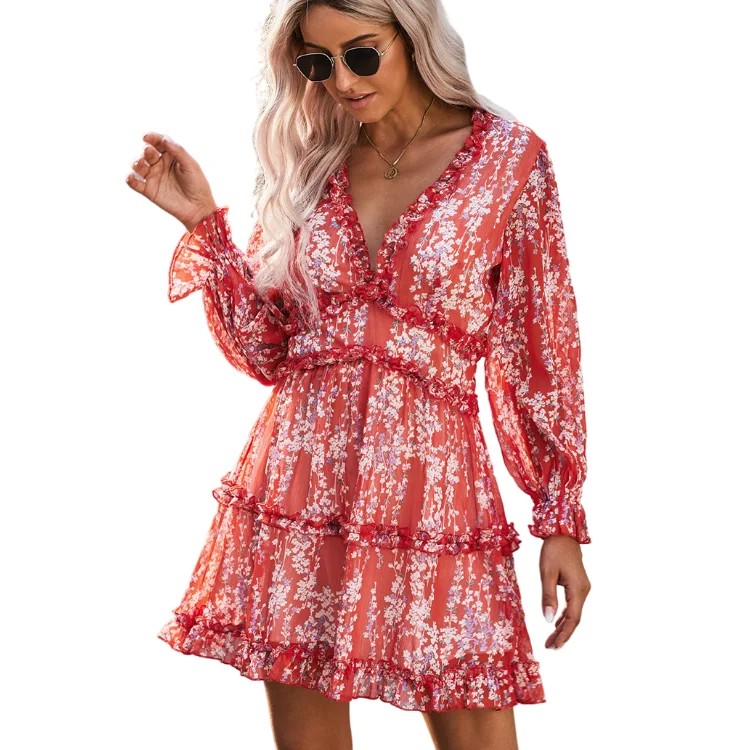 Ruffled Women Elegant High End Dresses Lady Chiffon Floral Print Mini Vestidos Casual Dress Custom Long Sleeve 2022 Summer Woven