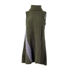 2021 fashion green color high neck yak wool kness-Length women dress sleeveless winter dress for women