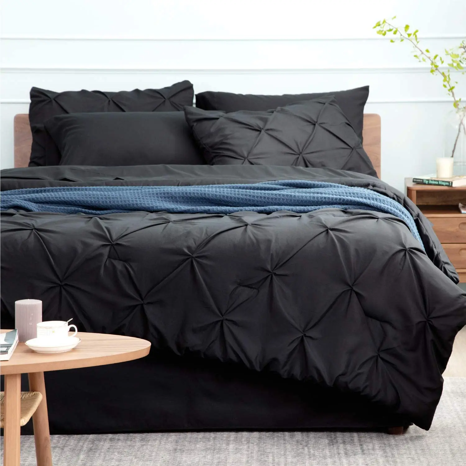 Black Twin Size Comforter Set - 6 Pieces Pintuck Bed in a Bag Pinch Pleat Bedding Sets with Comforters Sheets Pillowcases