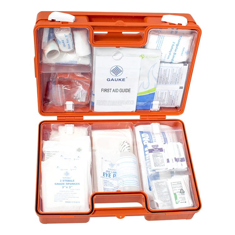 Plastic wall mounted workplace orange ABS trauma tactical emergency medical kit box CE MDR waterproof DIN13157 first aid kit
