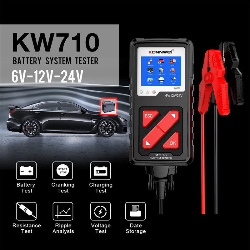 New KW710 Motorcycle Car Battery Tester 6V 12V 24V Analyzer 100 to 2000 CCA Charging Cranking Test Tools 12 Language